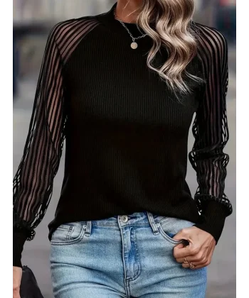 Kadın Uzun Kollu Tül Detaylı Bisiklet Yakalı Kaşkorse Bluz
