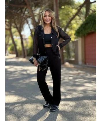 Kadın Uzun Kollu Tül Detaylı önü Düğmeli Viskon Iki Iplik Ceket Ve Pantolon Ikili Takım