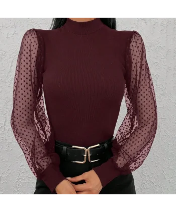 Kadın Uzun Kollu Tül Detaylı Yarım Balıkçı Yaka Kaşkorse Bluz