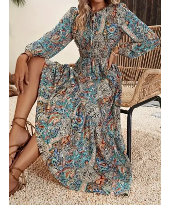 Kadın Uzun Kollu Uakadabağcıklı Beli Lastikli Desenli Uzun Süprem Elbise