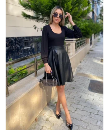 Kadın Uzun Kollu üst Viskon Alt Kloş Deri Elbise