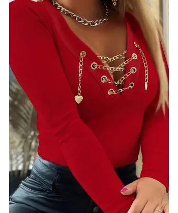 Kadın Uzun Kollu V çapraz Zincir Detaylı Kaşkorse Bluz