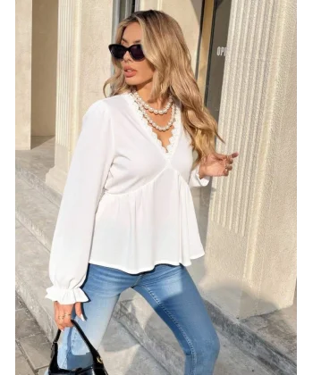 Kadın Uzun Kollu V Dantel Yaka Aerobin Bluz