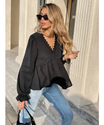 Kadın Uzun Kollu V Dantel Yaka Aerobin Bluz