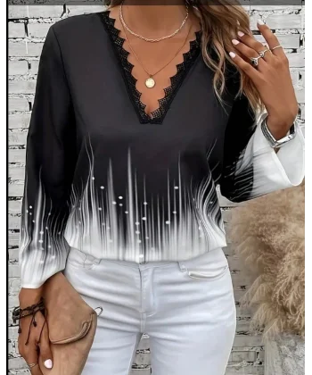 Kadın Uzun Kollu V Dantel Yaka Desenli Modal Bluz