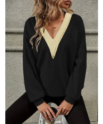 Kadın Uzun Kollu V Dantel Yaka şardonsuz üç Iplik Bluz