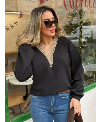 Kadın Uzun Kollu V Dantel Yaka şardonsuz üç Iplik Bluz