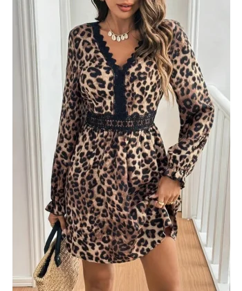 Kadın Uzun Kollu V Dantel Yakalı Leopar Desenli Modal Mini Elbise