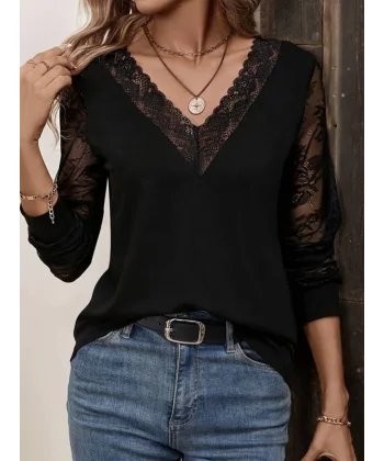 Kadın Uzun Kollu V Dantel Yakalı Viskon Bluz