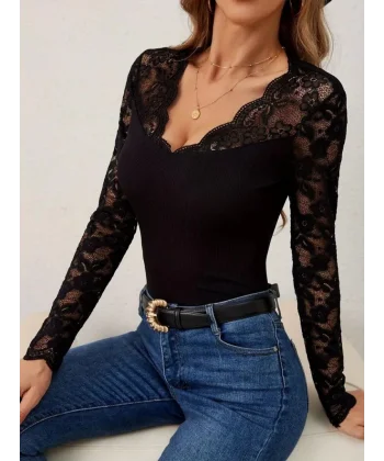 Kadın Uzun Kollu V Derin Dantel Yakalı Kaşkorse Bluz