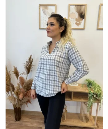 Kadın Uzun Kollu V Hakim Yaka çok Renkli Dokuma Bluz