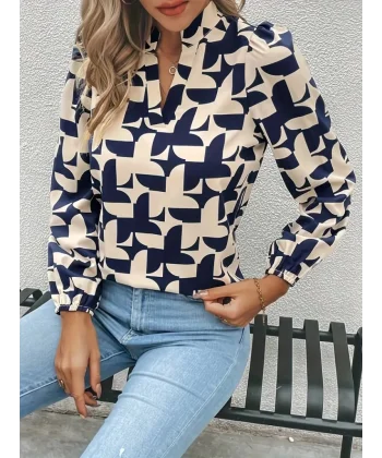 Kadın Uzun Kollu V Hakim Yaka Desenli Dalgıç Bluz