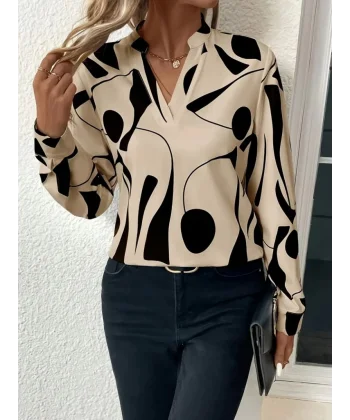 Kadın Uzun Kollu V Hakim Yakalı Desenli Dalgıç Bluz