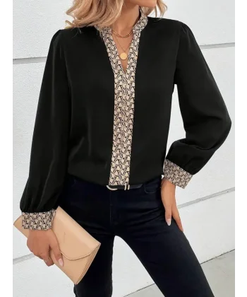 Kadın Uzun Kollu V Hakim Yakalı Desenli Ithal Krep Bluz