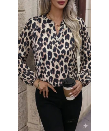 Kadın Uzun Kollu V Hakim Yakalı Leopar Desenli Süprem Bluz
