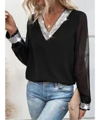 Kadın Uzun Kollu V Pulpayet Yakalı Ithal Krep Bluz