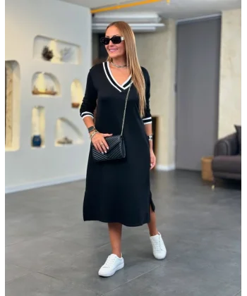 Kadın Uzun Kollu V Ribana Yakalı Yanlardan Yırtmaçlı Midi Viskon Iki Iplik Elbise
