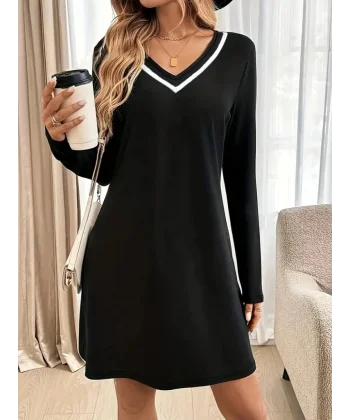 Kadın Uzun Kollu V şerit Yakalı Kısa Viskon Iki Iplik Elbise