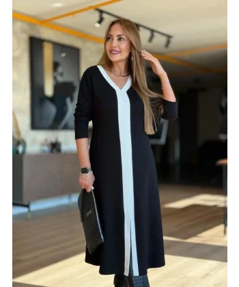 Kadın Uzun Kollu V şerit Yakalı önden Kısa Yırtmaçlı Detaylı Midi Viskon Iki Iplik Elbise