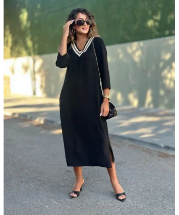 Kadın Uzun Kollu V şerit Yakalı Viskon Iki Iplik Elbise