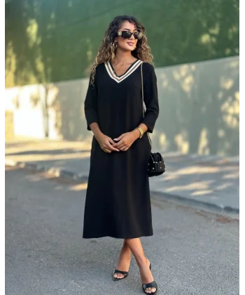 Kadın Uzun Kollu V şerit Yakalı Viskon Iki Iplik Elbise