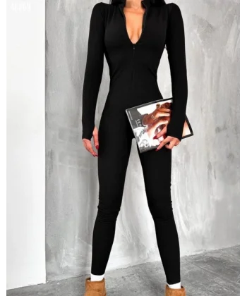 Kadın Uzun Kollu V Yaka Baş Parmak Geçirmeli Detay Kaşkorse Tulum