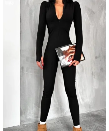 Kadın Uzun Kollu V Yaka Baş Parmak Geçirmeli Detay Kaşkorse Tulum