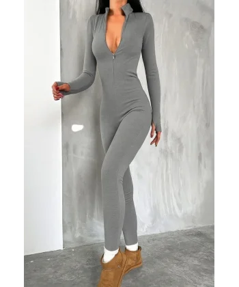 Kadın Uzun Kollu V Yaka Baş Parmak Geçirmeli Detay Kaşkorse Tulum