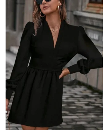 Kadın Uzun Kollu V Yaka Belden Hafif Pileli Scuba Krep Mini Boy Elbise