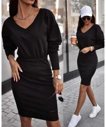 Kadın Uzun Kollu V Yaka Beli Lastikli Kolu Manşetli Iki Iplik Elbise