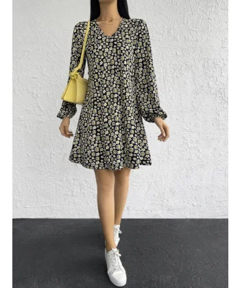 Kadın Uzun Kollu V Yaka çiçek Desenli Helen Kumaş Elbise