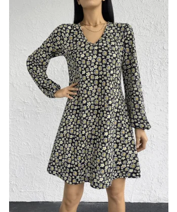 Kadın Uzun Kollu V Yaka çiçek Desenli Helen Kumaş Elbise