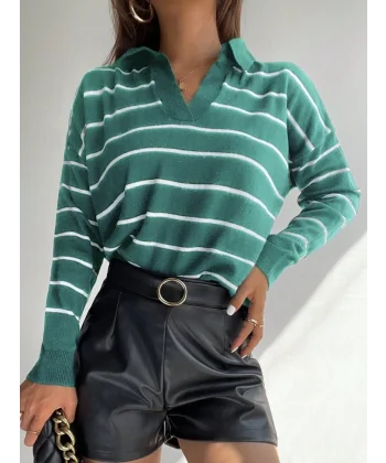 Kadın Uzun Kollu V Yaka çizgili Triko Bluz