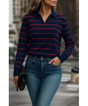 Kadın Uzun Kollu V Yaka çizgili Triko Bluz