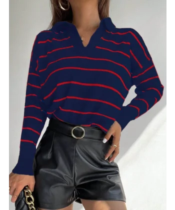 Kadın Uzun Kollu V Yaka çizgili Triko Bluz