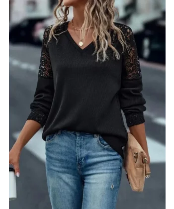 Kadın Uzun Kollu V Yaka Dantel Detaylı Kaşkorse Bluz