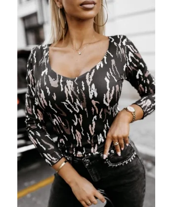 Kadın Uzun Kollu V Yaka Desenli Mikro Kumaş Bluz