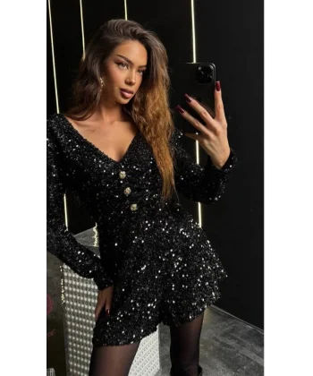 Kadın Uzun Kollu V Yaka Düğme Detay Ful Pul Payet Elbise