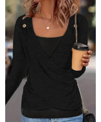 Kadın Uzun Kollu V Yaka Düğme Detaylı Yumoş Bluz