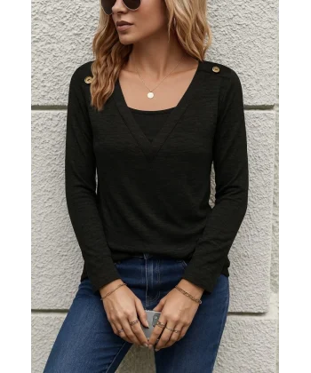 Kadın Uzun Kollu V Yaka Düğme Detaylı Yumoş Bluz