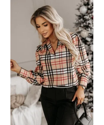 Kadın Uzun Kollu V Yaka Ekoseli Mosskrep Kumaş Bluz