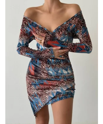 Kadın Uzun Kollu V Yaka eopar Etnik Desen Fırsat ürün ini Kruvaze Elbise