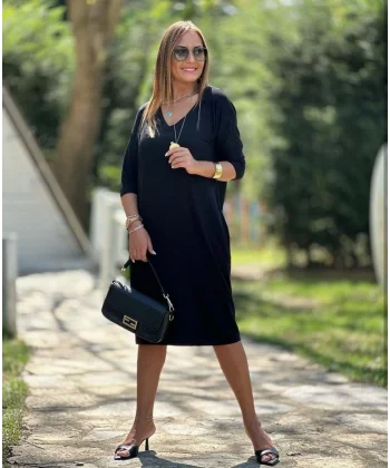 Kadın Uzun Kollu V Yaka Iki Yanı Cepli Salaş Iki Iplik Elbise