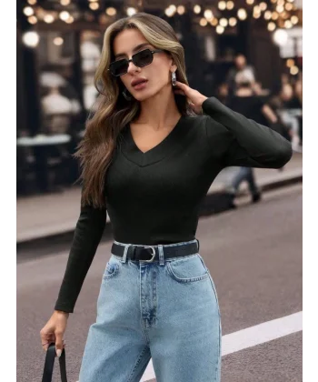 Kadın Uzun Kollu V Yaka Kaşkorse Kumaş Bluz