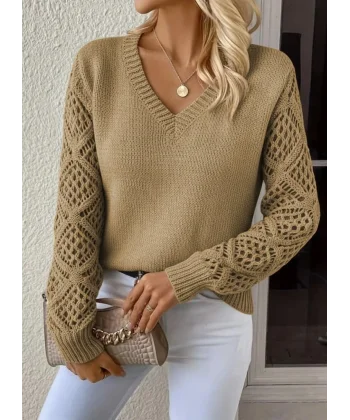 Kadın Uzun Kollu V Yaka Kol Delikli Baklava Desen Detaylı Triko Kazak