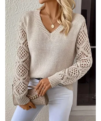 Kadın Uzun Kollu V Yaka Kol Delikli Baklava Desen Detaylı Triko Kazak