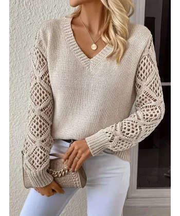 Kadın Uzun Kollu V Yaka Kol Delikli Baklava Desen Detaylı Triko Kazak