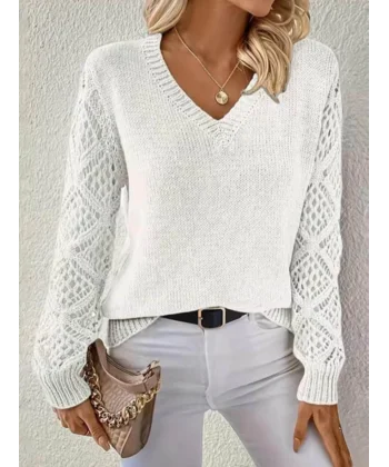 Kadın Uzun Kollu V Yaka Kol Delikli Baklava Desen Detaylı Triko Kazak