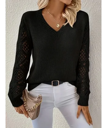 Kadın Uzun Kollu V Yaka Kol Delikli Baklava Desen Detaylı Triko Kazak