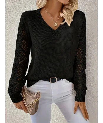 Kadın Uzun Kollu V Yaka Kol Delikli Baklava Desen Detaylı Triko Kazak